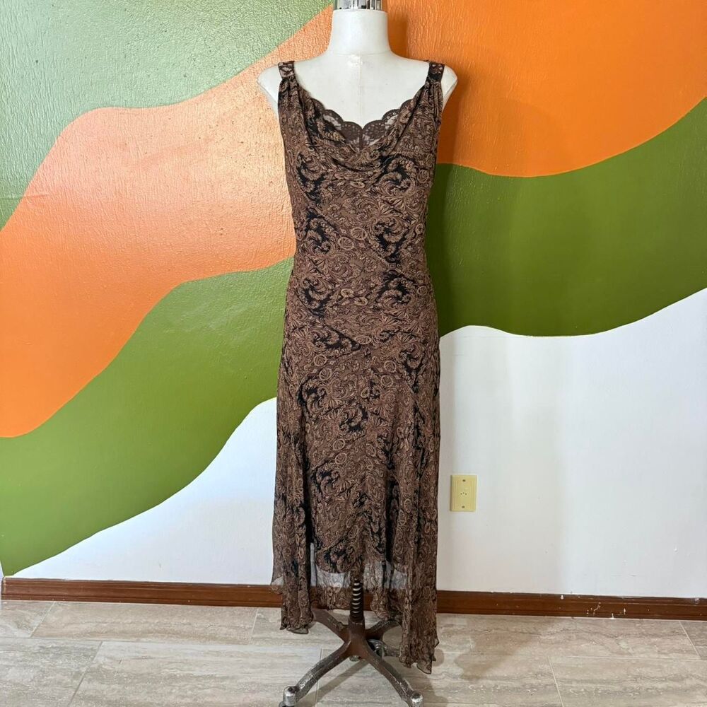 Y2K Brown Silk Lace Cowl Neck Slip Dress Asymmetric Whimsigoth Grunge Midi 10